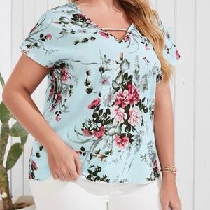 DOLMAN FLORAL V-NECK TOP W/ SHORT SLVS KEYHOLE NECK DETAIL NON S…